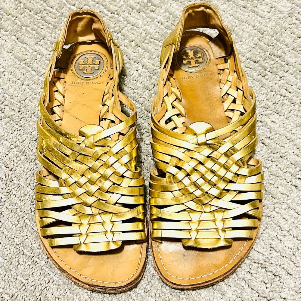 Tory Burch Gold Woven Leather Anya Huarache Sandal